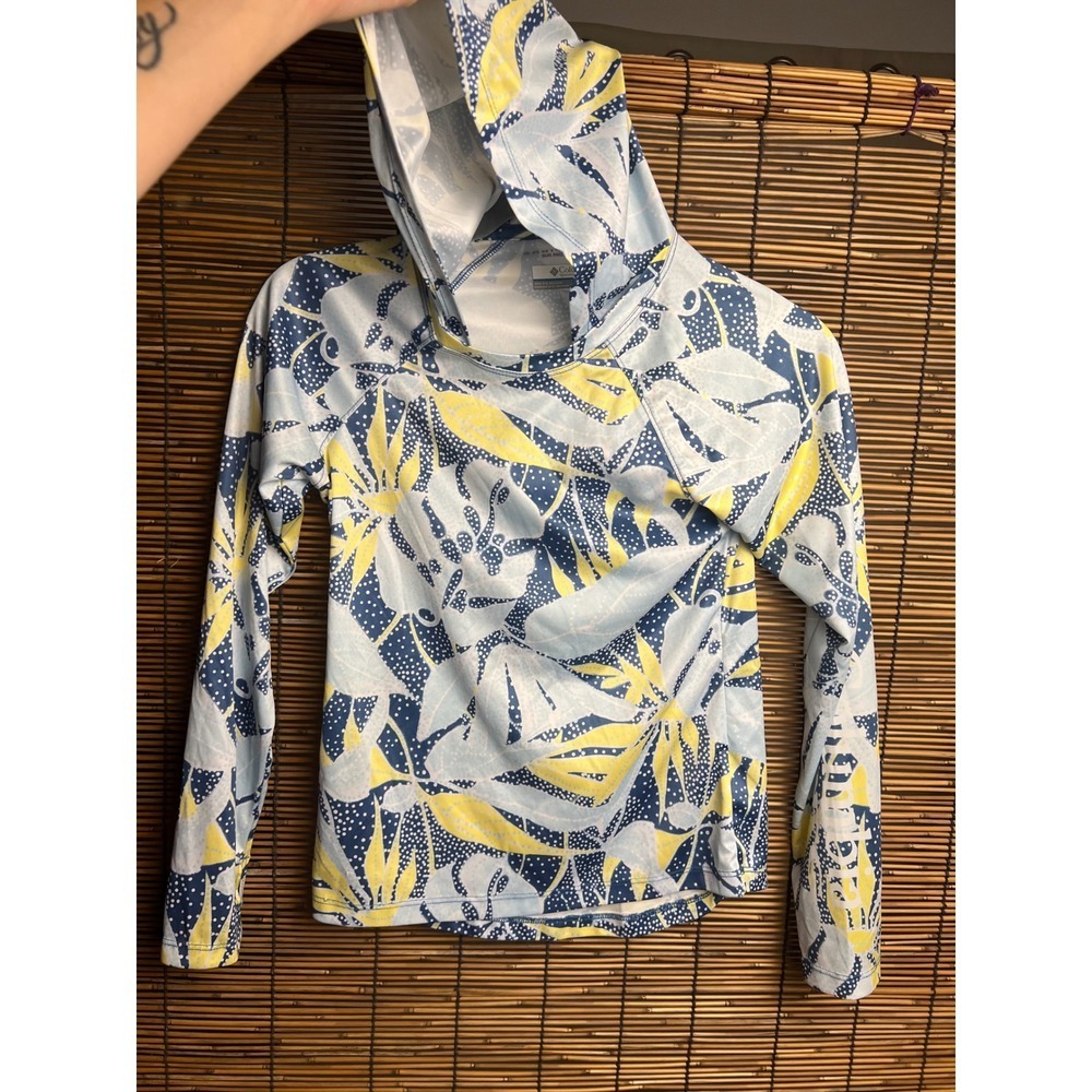 Columbia Omni-Shade Sun Protection Hoodie Blue Yellow Tropical Leaf M 10/12